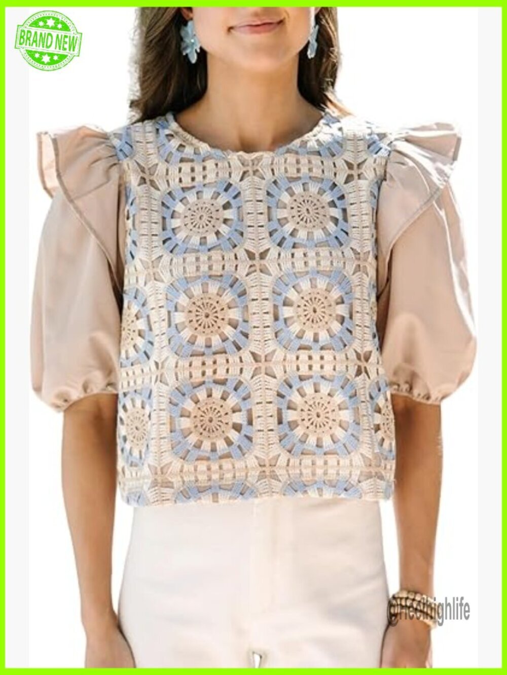 Crochet Crop Top Floral Eyelet Ruffle Sleeve Summer Boho Casual Tee